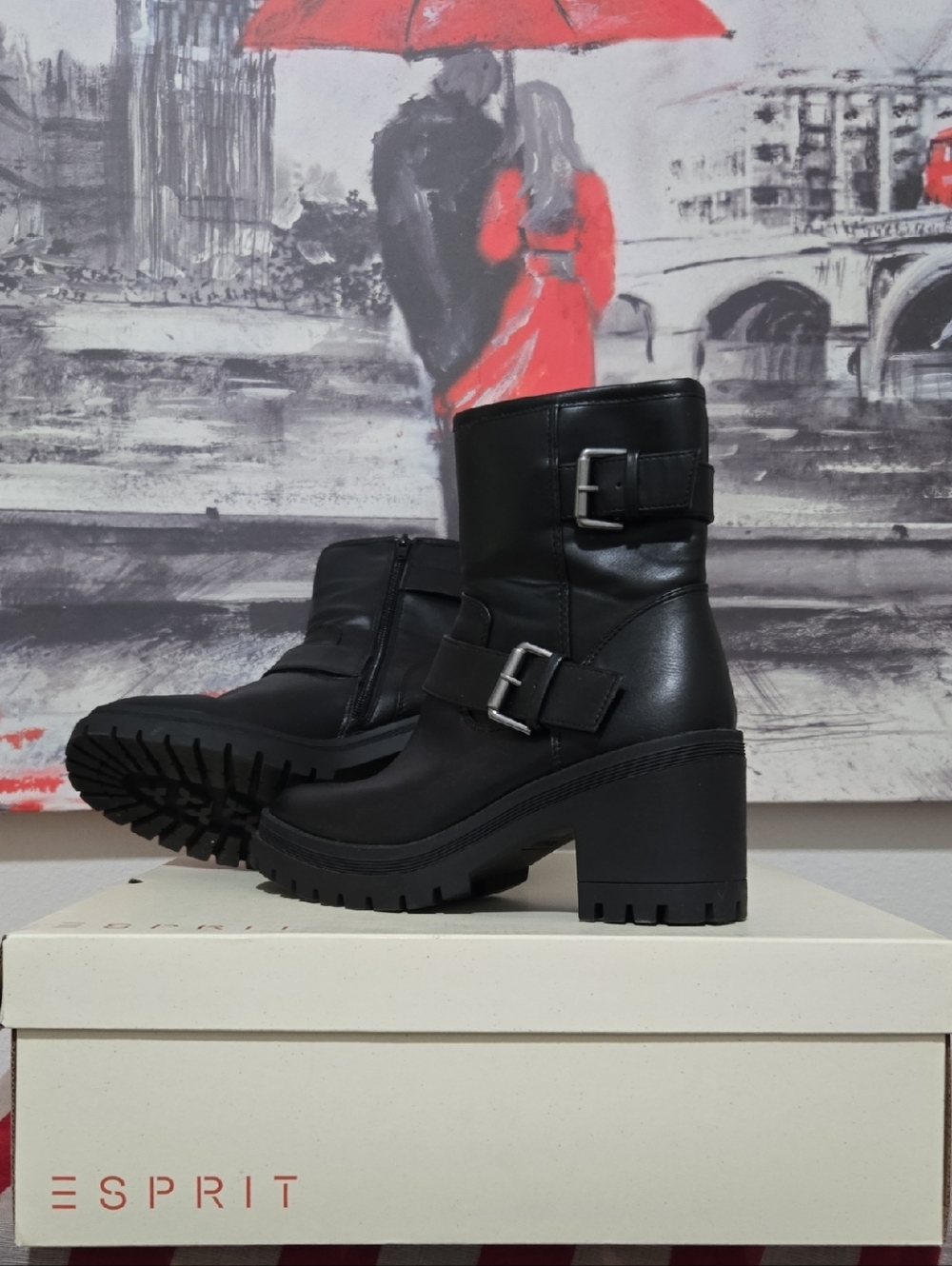 🏍🚨BRAND NEW‼️Esprit Black Chunky Heel Buckle Ankle Boots